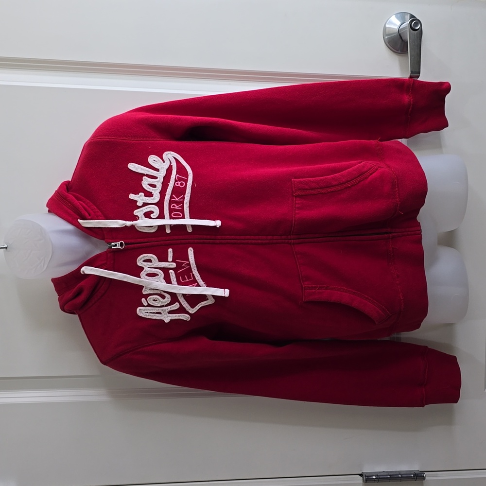 Aeropostale Red and White Zip-Up Hoodie Size Large